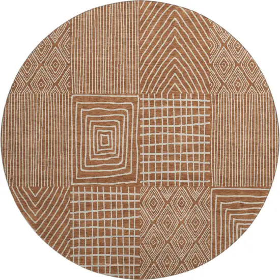 8' Rust And Ivory Geometric Washable Round Rug With UV Protection Photo 1