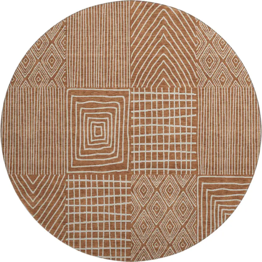 8' Rust And Ivory Geometric Washable Round Rug With UV Protection Photo 1