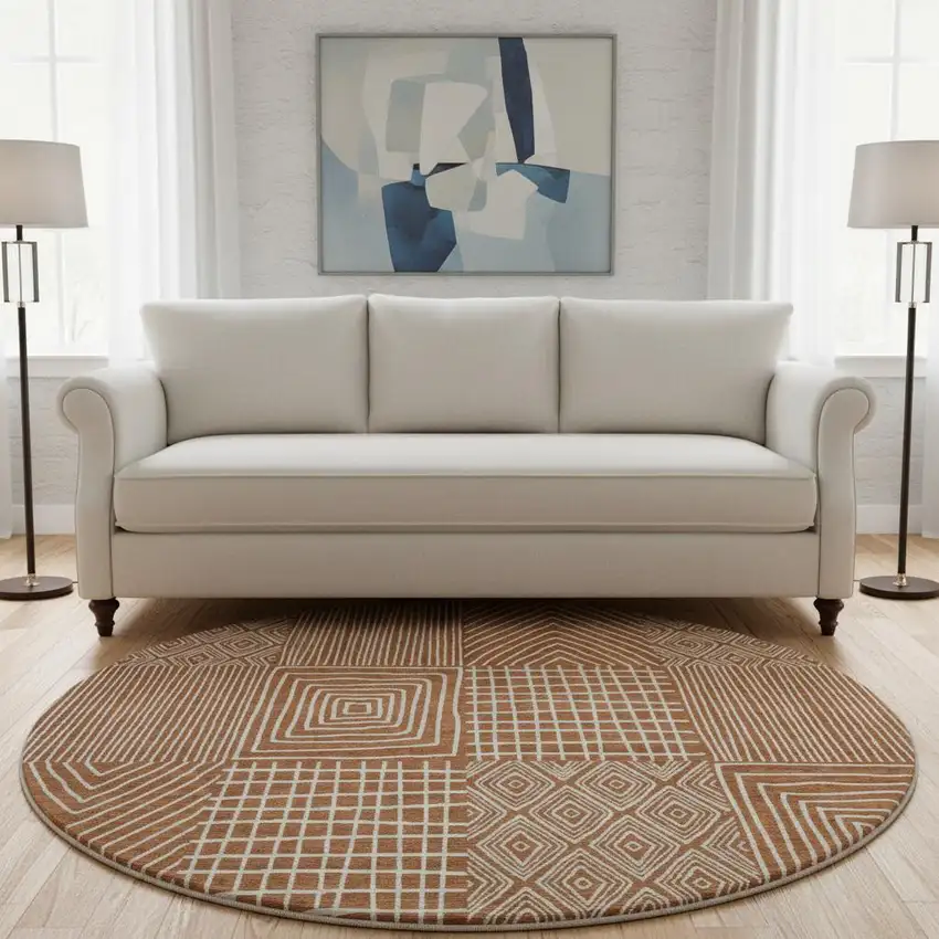 8' Rust And Ivory Geometric Washable Round Rug With UV Protection Photo 1