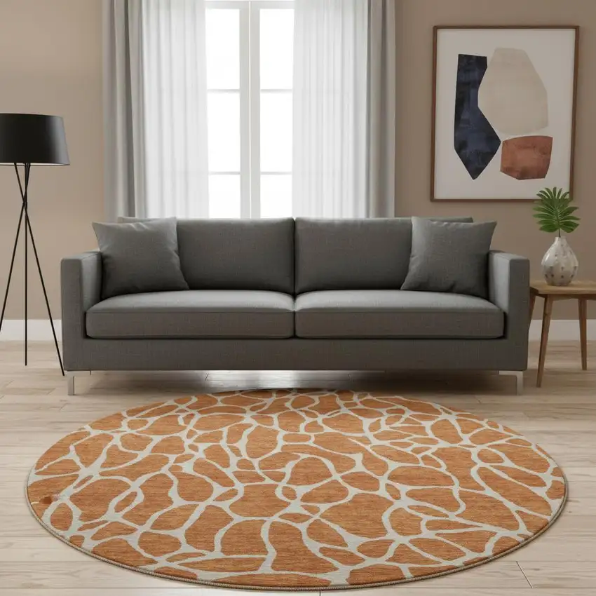 8' Rust And Ivory Geometric Washable Round Rug With UV Protection Photo 2