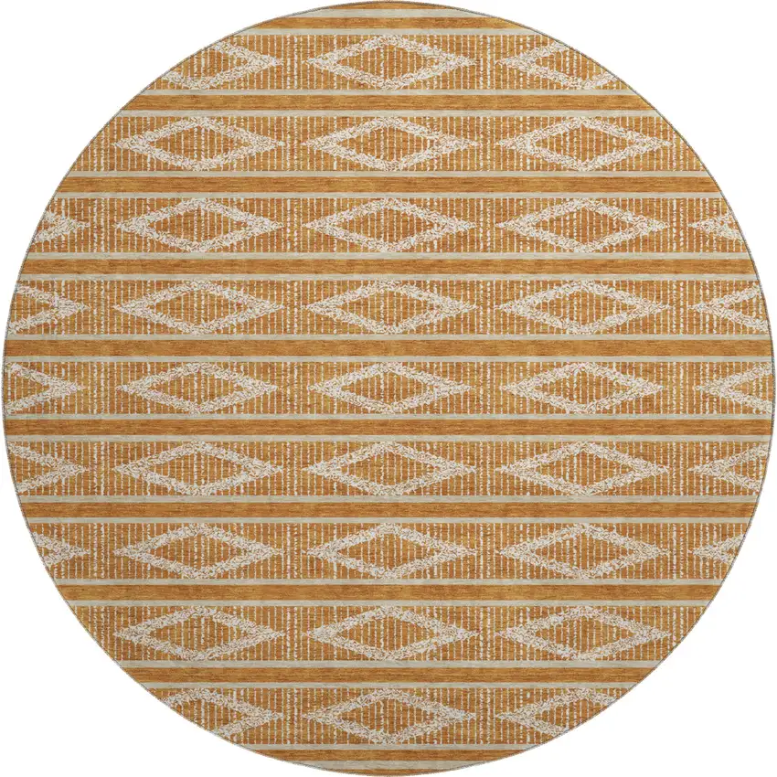8' Rust And Ivory Geometric Washable Round Rug With UV Protection Photo 1