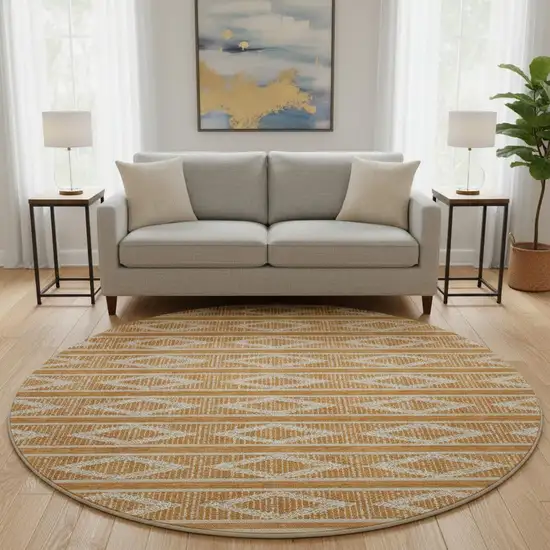 8' Rust And Ivory Geometric Washable Round Rug With UV Protection Photo 2