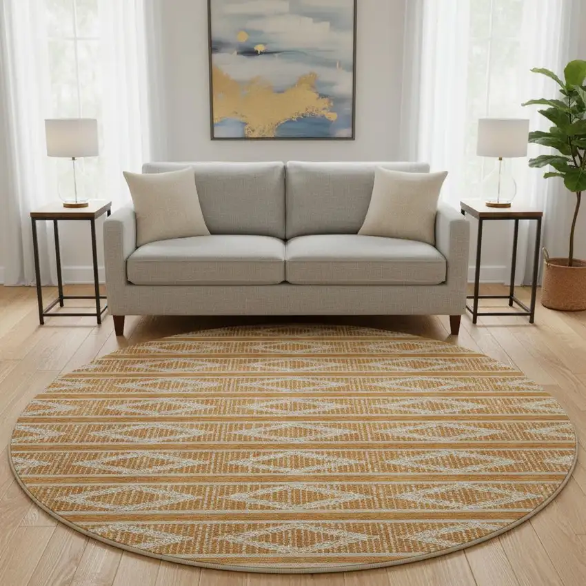 8' Rust And Ivory Geometric Washable Round Rug With UV Protection Photo 2