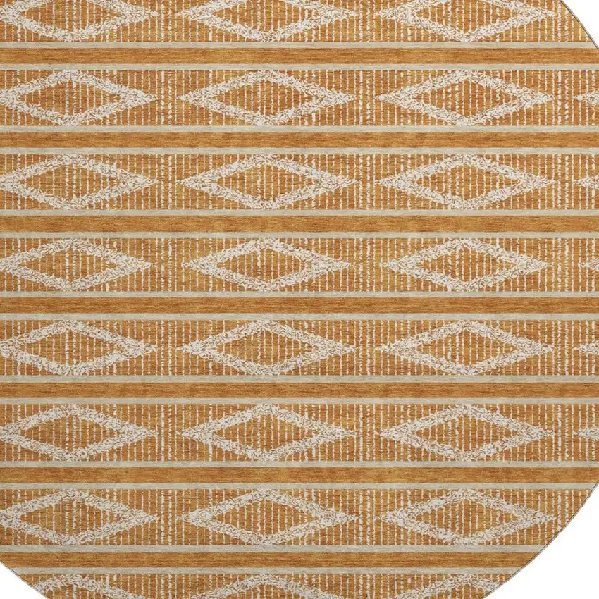 8' Rust And Ivory Geometric Washable Round Rug With UV Protection Photo 2