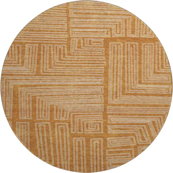 8' Rust And Ivory Geometric Washable Round Rug With UV Protection Photo 1
