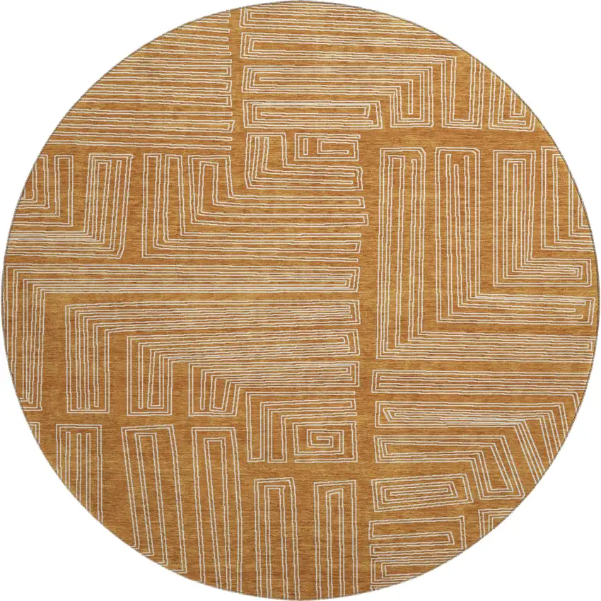 8' Rust And Ivory Geometric Washable Round Rug With UV Protection Photo 1