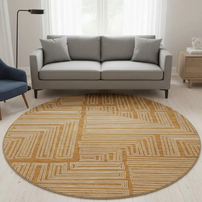 8' Rust And Ivory Geometric Washable Round Rug With UV Protection Photo 2