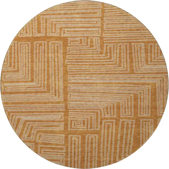 8' Rust And Ivory Geometric Washable Round Rug With UV Protection Photo 2