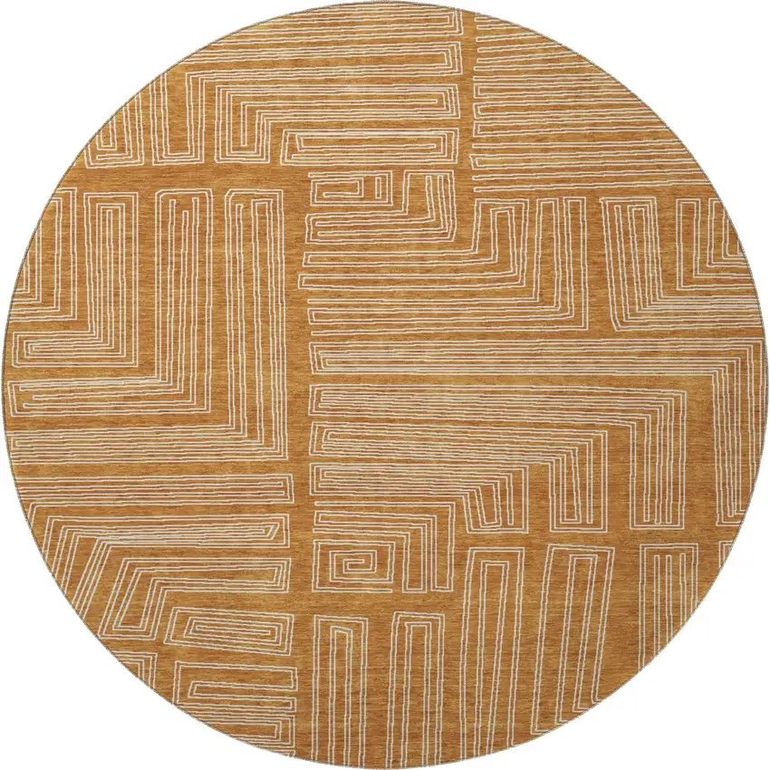 8' Rust And Ivory Geometric Washable Round Rug With UV Protection Photo 2