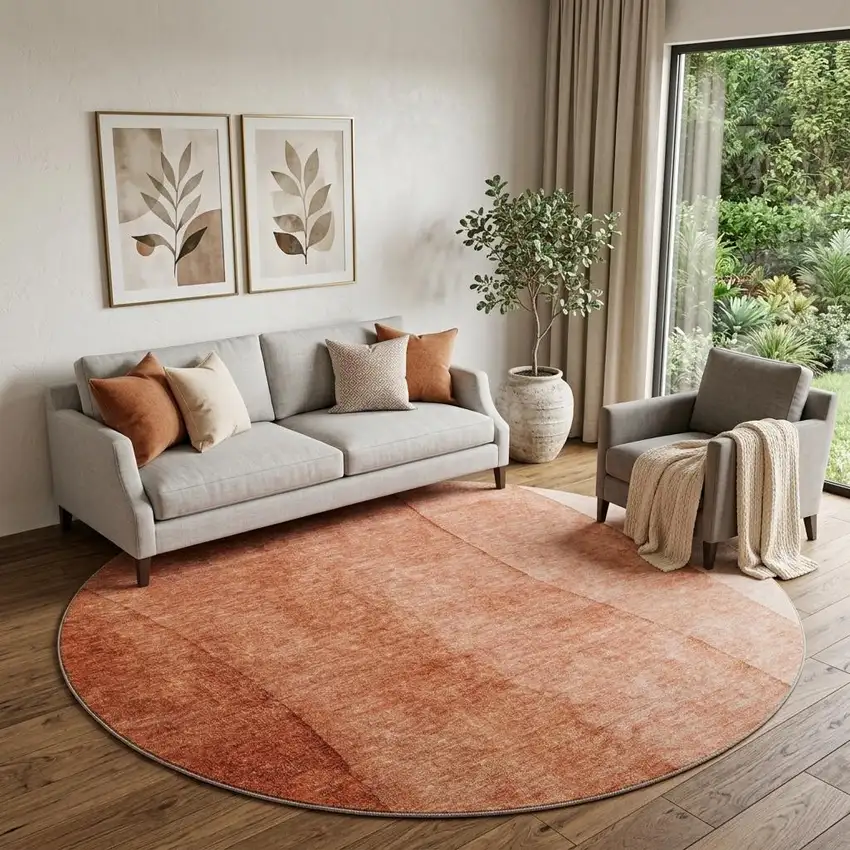 8' Rust And Ivory Ombre Washable Round Rug With UV Protection Photo 1