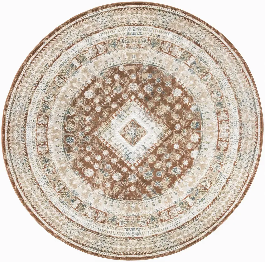 8' Rust And Ivory Oriental Non Skid Round Rug Photo 3