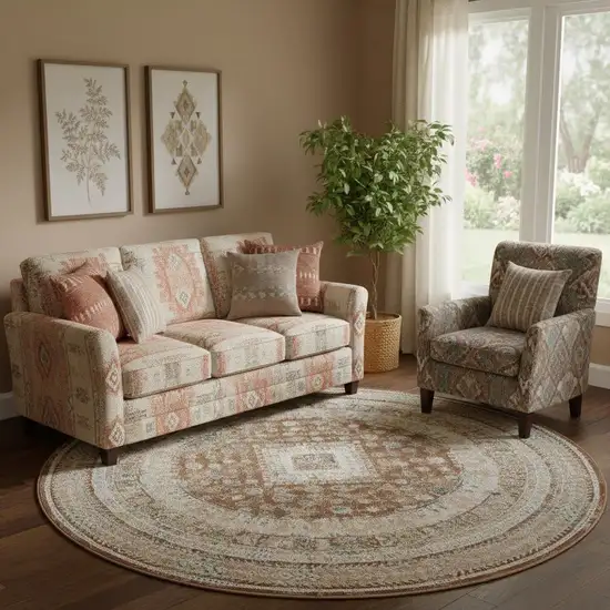 8' Rust And Ivory Oriental Non Skid Round Rug Photo 1