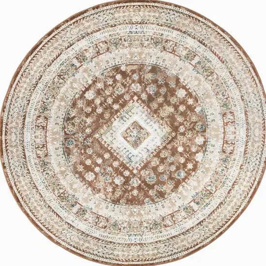 8' Rust And Ivory Oriental Non Skid Round Rug Photo 2