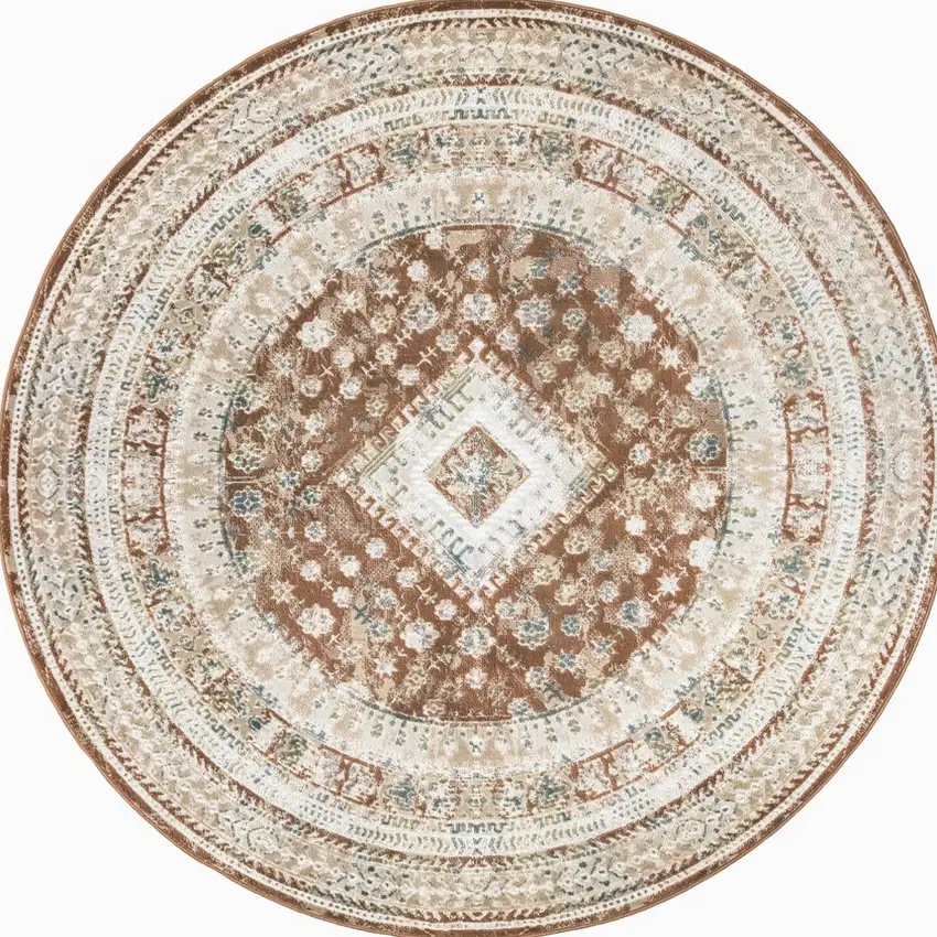 8' Rust And Ivory Oriental Non Skid Round Rug Photo 2