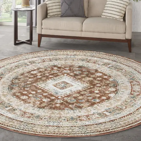 8' Rust And Ivory Oriental Non Skid Round Rug Photo 4