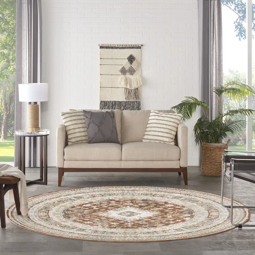 8' Rust And Ivory Oriental Non Skid Round Rug Photo 5