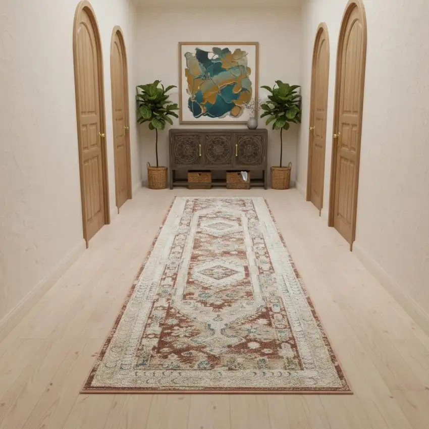 10' Rust And Ivory Oriental Non Skid Runner Rug Photo 1