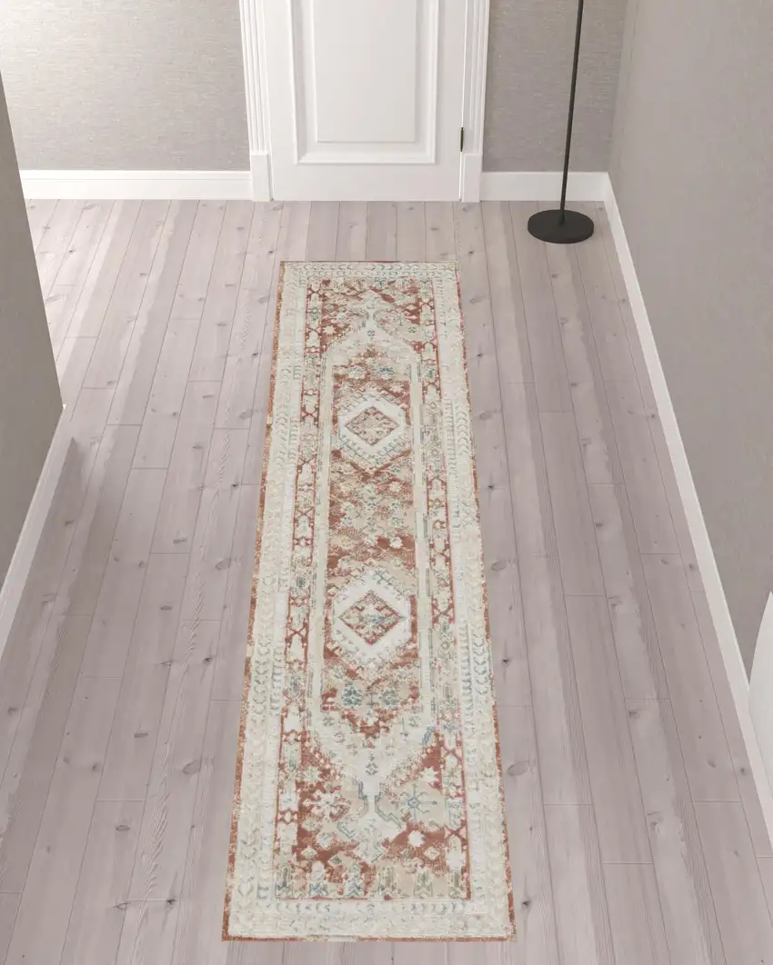 10' Rust And Ivory Oriental Non Skid Runner Rug Photo 1