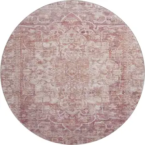 Photo of 8' Rust And Ivory Oriental Washable Round Rug With UV Protection