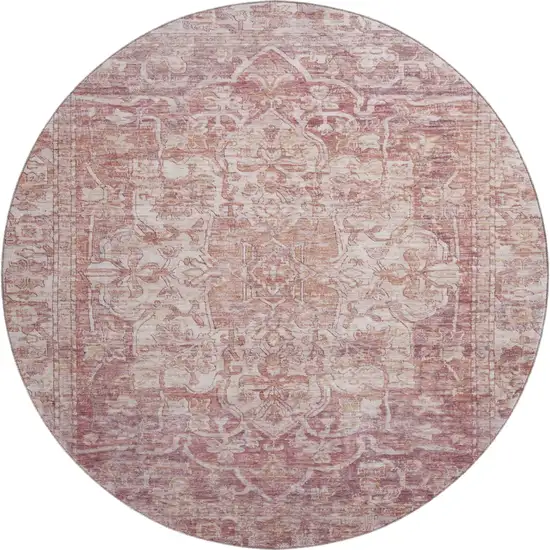 8' Rust And Ivory Oriental Washable Round Rug With UV Protection Photo 1