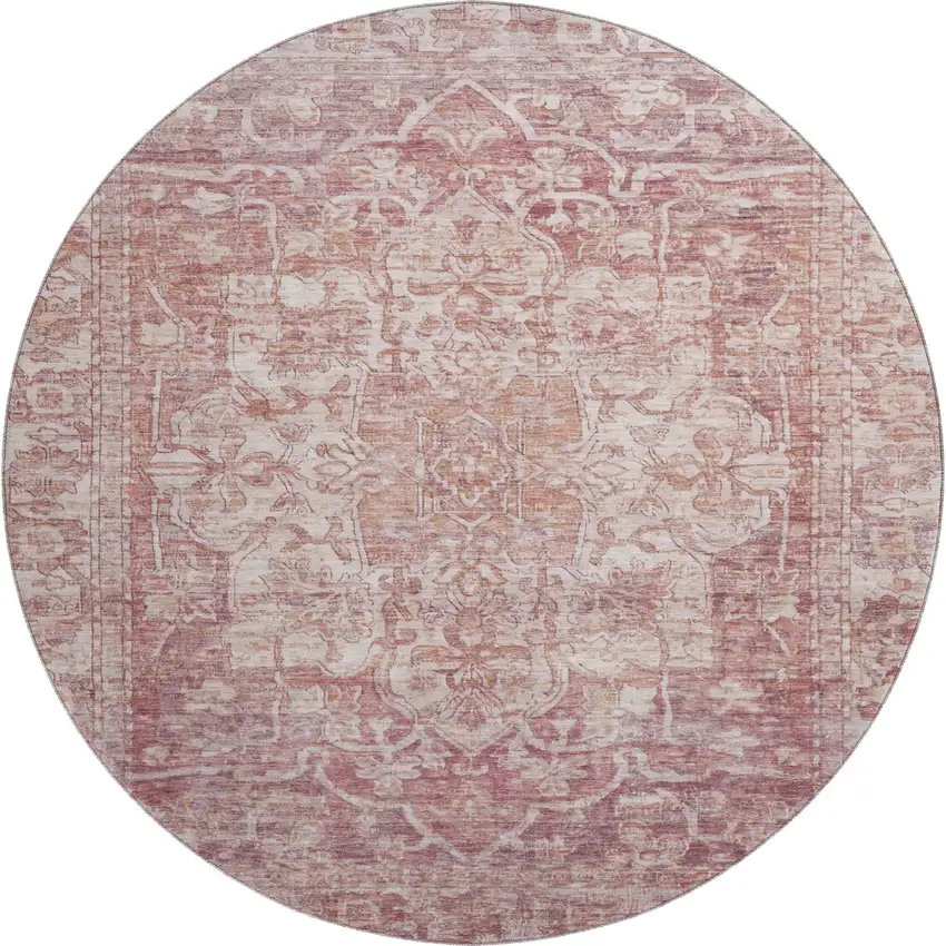 8' Rust And Ivory Oriental Washable Round Rug With UV Protection Photo 1