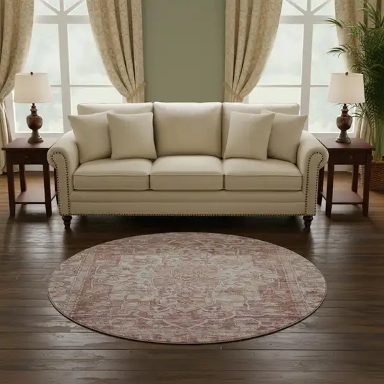 8' Rust And Ivory Oriental Washable Round Rug With UV Protection Photo 2