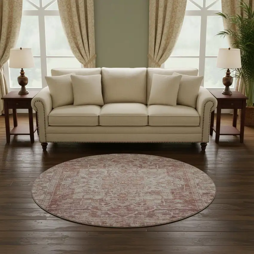 8' Rust And Ivory Oriental Washable Round Rug With UV Protection Photo 2