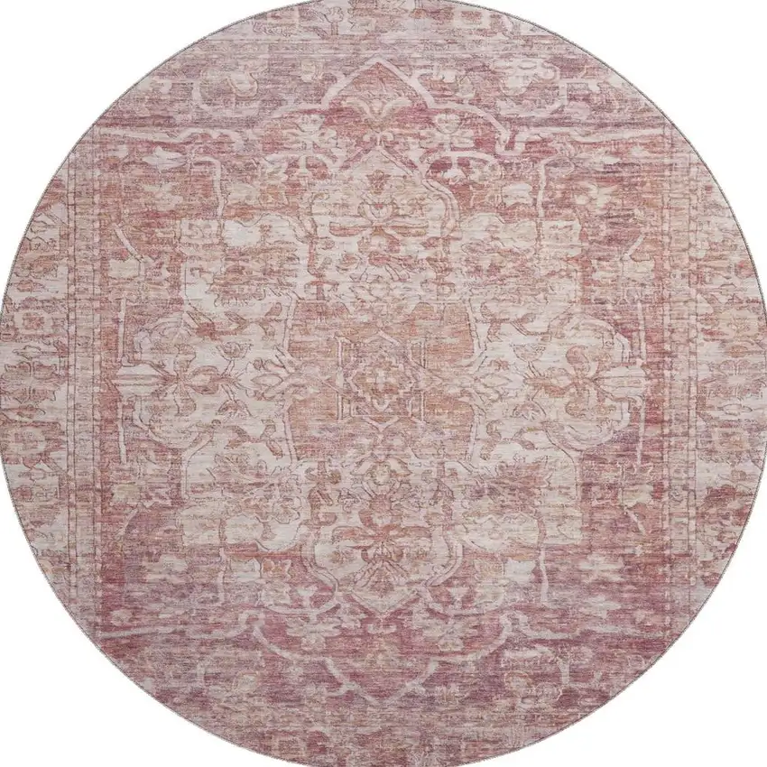 8' Rust And Ivory Oriental Washable Round Rug With UV Protection Photo 3