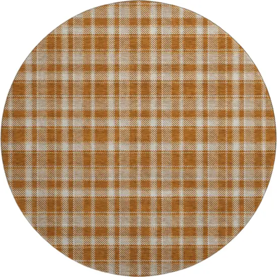8' Rust And Ivory Plaid Washable Round Rug With UV Protection Photo 1