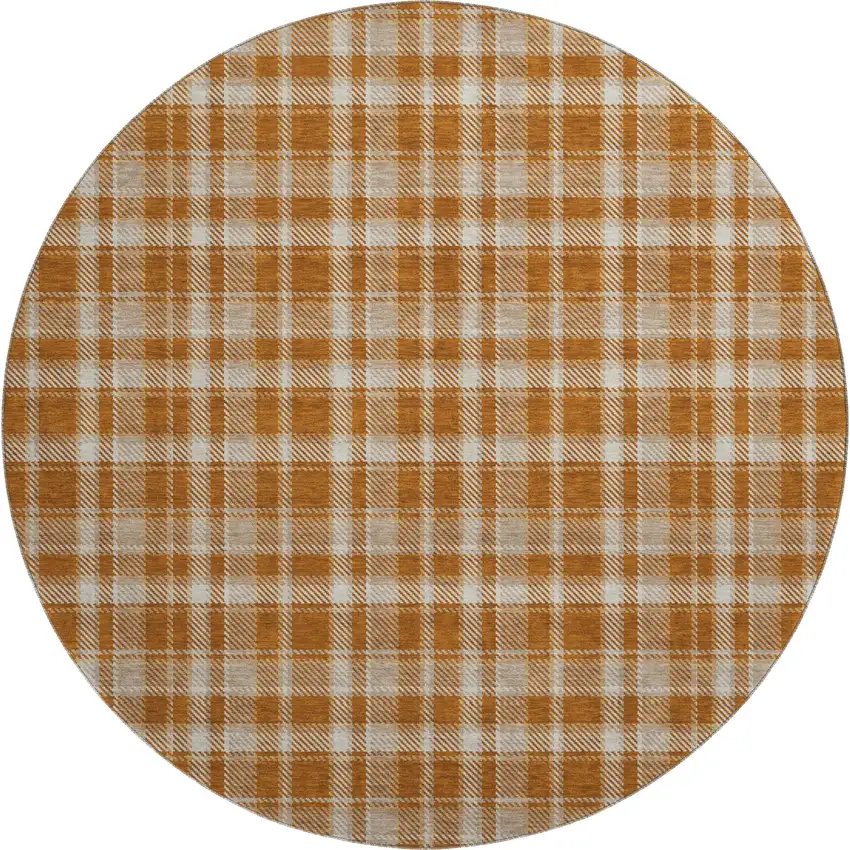 8' Rust And Ivory Plaid Washable Round Rug With UV Protection Photo 1