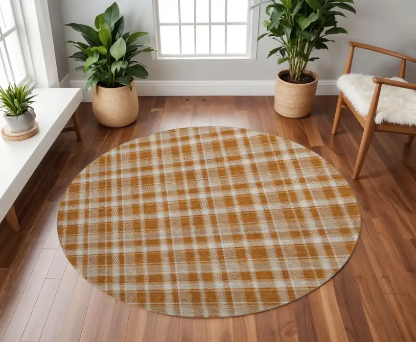 8' Rust And Ivory Plaid Washable Round Rug With UV Protection Photo 2