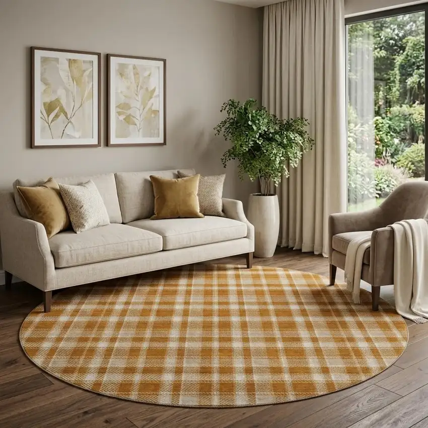 8' Rust And Ivory Plaid Washable Round Rug With UV Protection Photo 1
