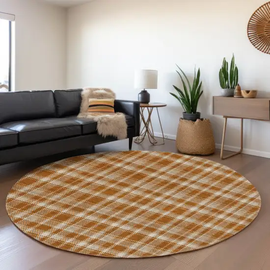 8' Rust And Ivory Plaid Washable Round Rug With UV Protection Photo 5