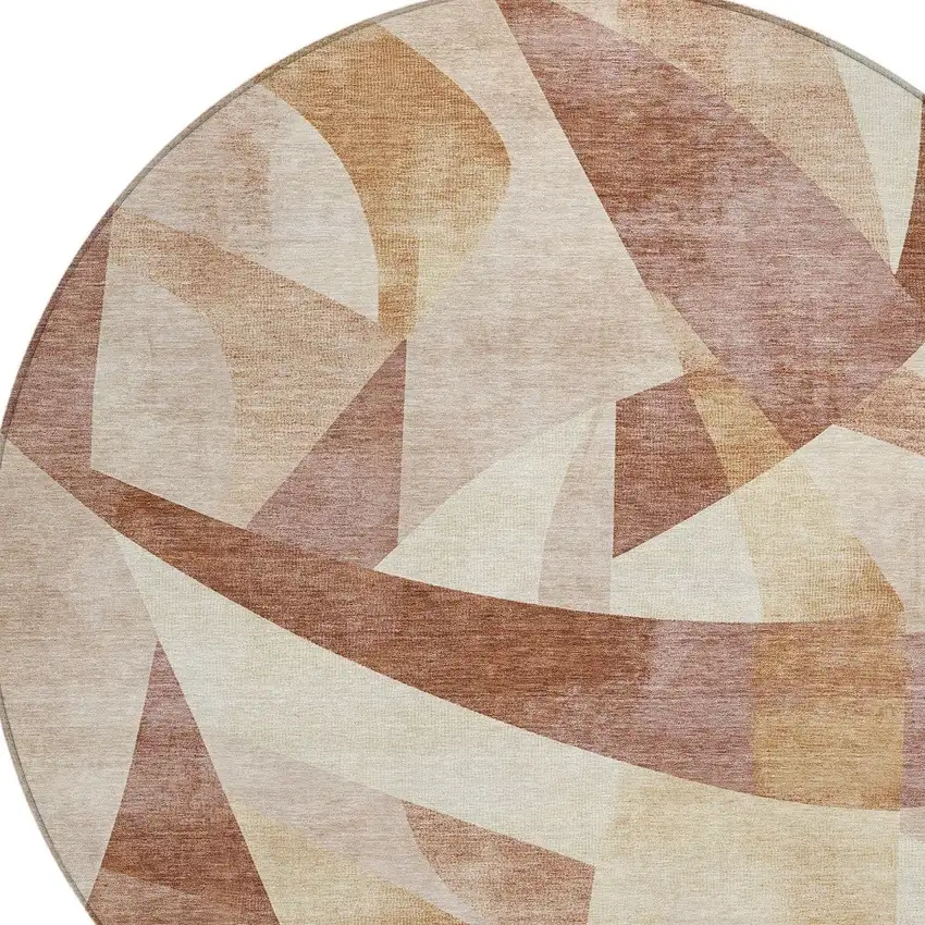 8' Rust And Ivory Round Abstract Washable Indoor Outdoor Area Rug Photo 9