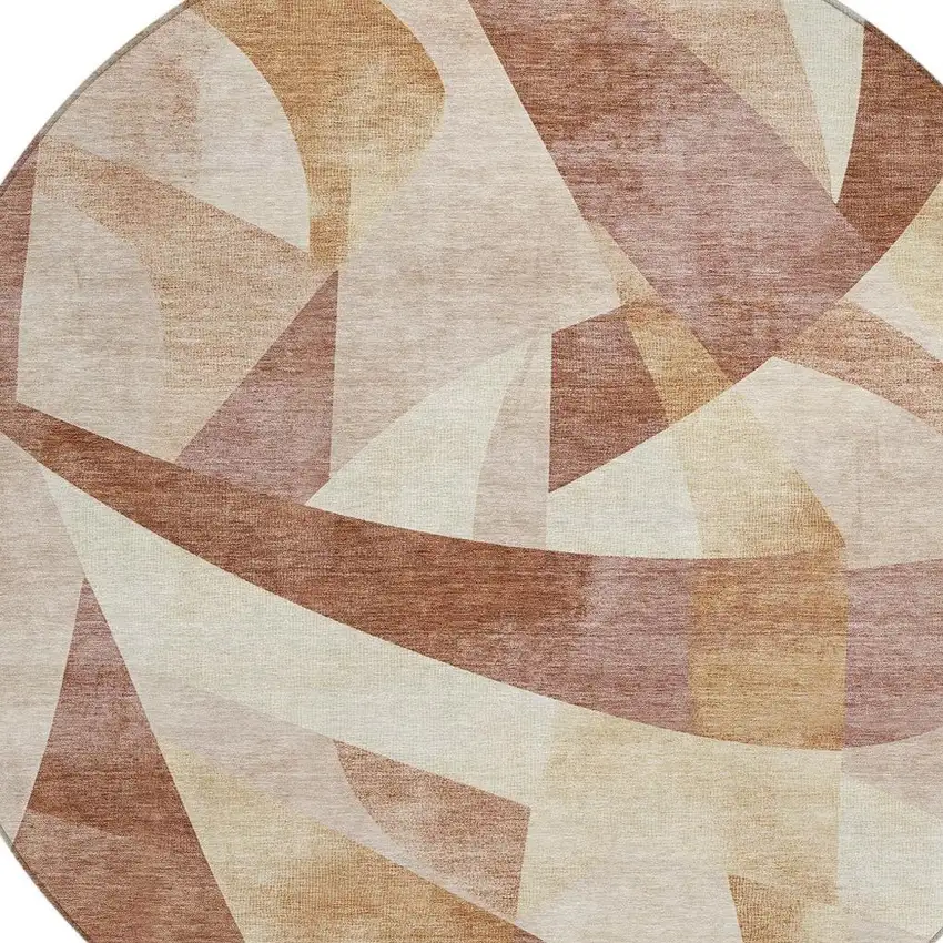 8' Rust And Ivory Round Abstract Washable Indoor Outdoor Area Rug Photo 4