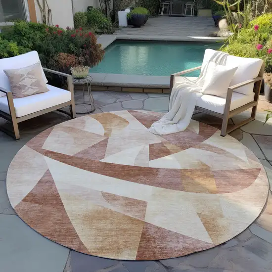 8' Rust And Ivory Round Abstract Washable Indoor Outdoor Area Rug Photo 6