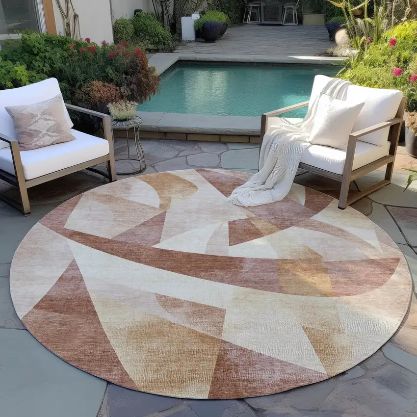 8' Rust And Ivory Round Abstract Washable Indoor Outdoor Area Rug Photo 6