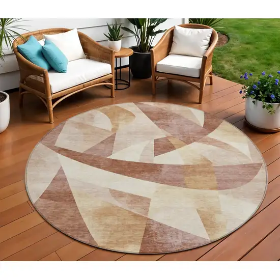 8' Rust And Ivory Round Abstract Washable Indoor Outdoor Area Rug Photo 2