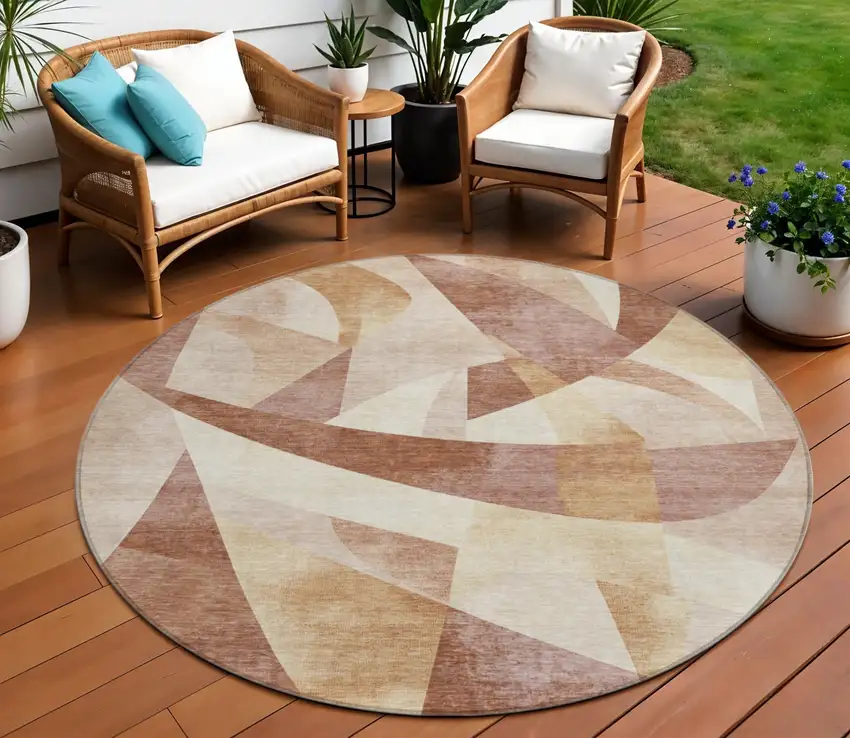 8' Rust And Ivory Round Abstract Washable Indoor Outdoor Area Rug Photo 2