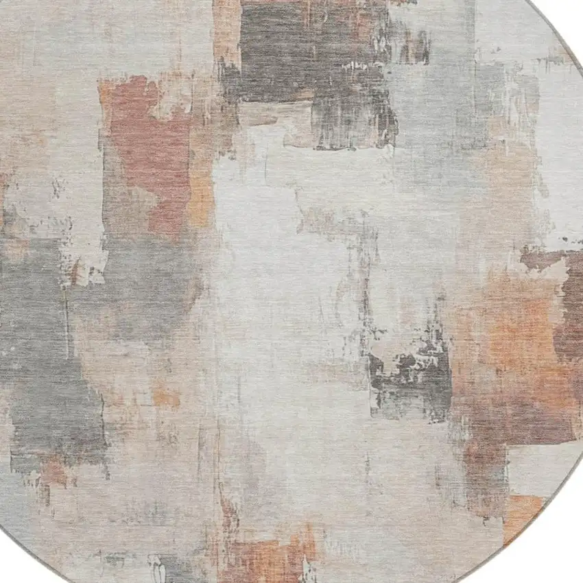 8' Rust And Ivory Round Abstract Washable Indoor Outdoor Area Rug Photo 9