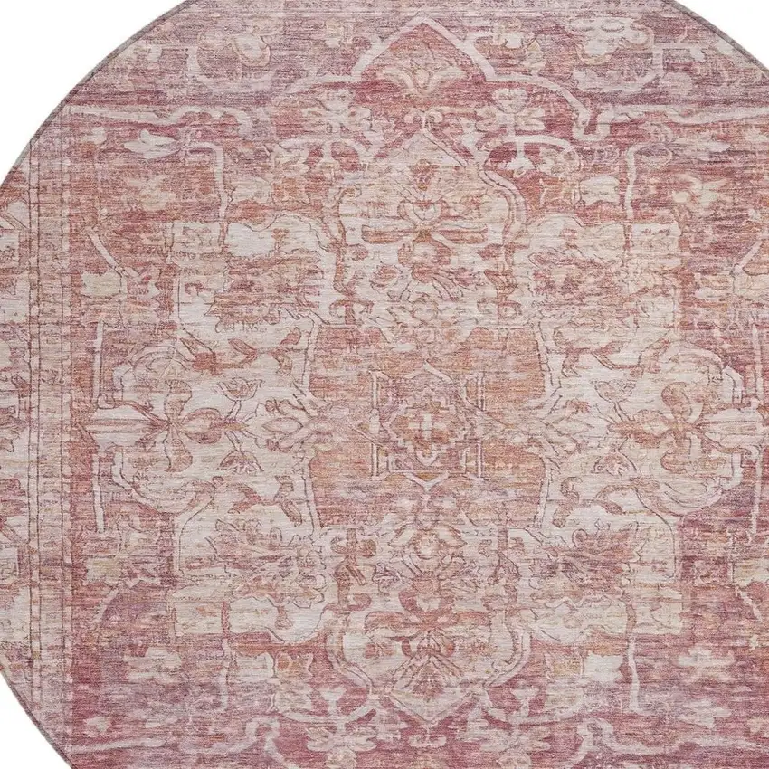 8' Rust And Ivory Round Floral Medallion Washable Indoor Outdoor Area Rug Photo 4