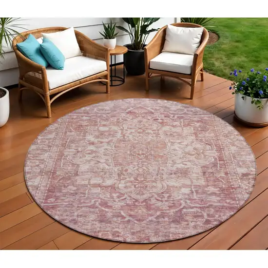 8' Rust And Ivory Round Floral Medallion Washable Indoor Outdoor Area Rug Photo 2