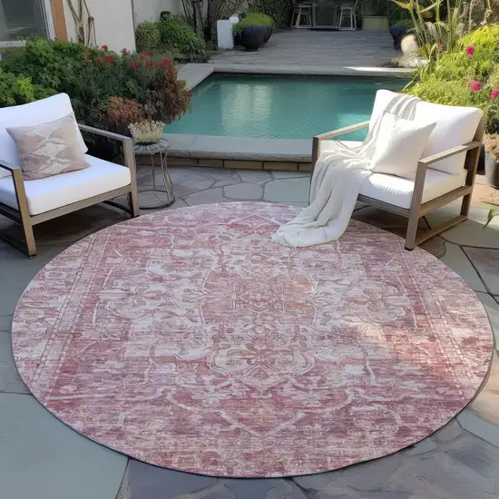8' Rust And Ivory Round Floral Medallion Washable Indoor Outdoor Area Rug Photo 5