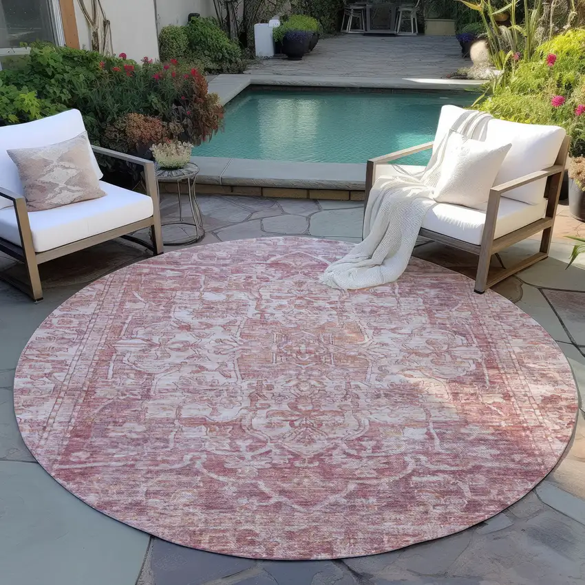 8' Rust And Ivory Round Floral Medallion Washable Indoor Outdoor Area Rug Photo 5