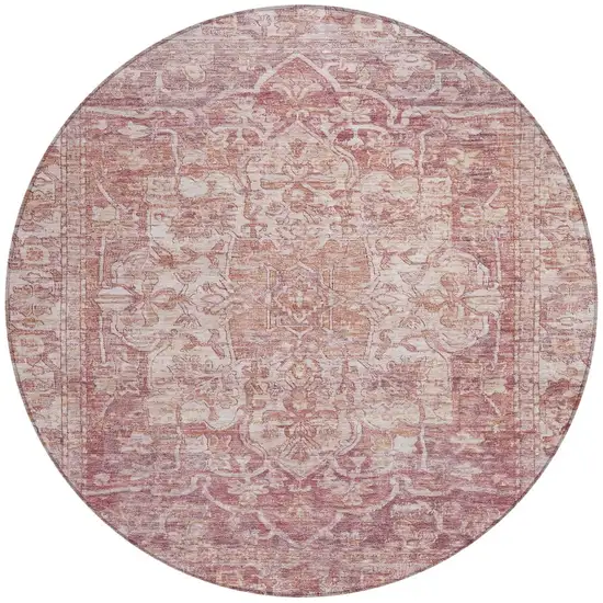 8' Rust And Ivory Round Floral Medallion Washable Indoor Outdoor Area Rug Photo 3
