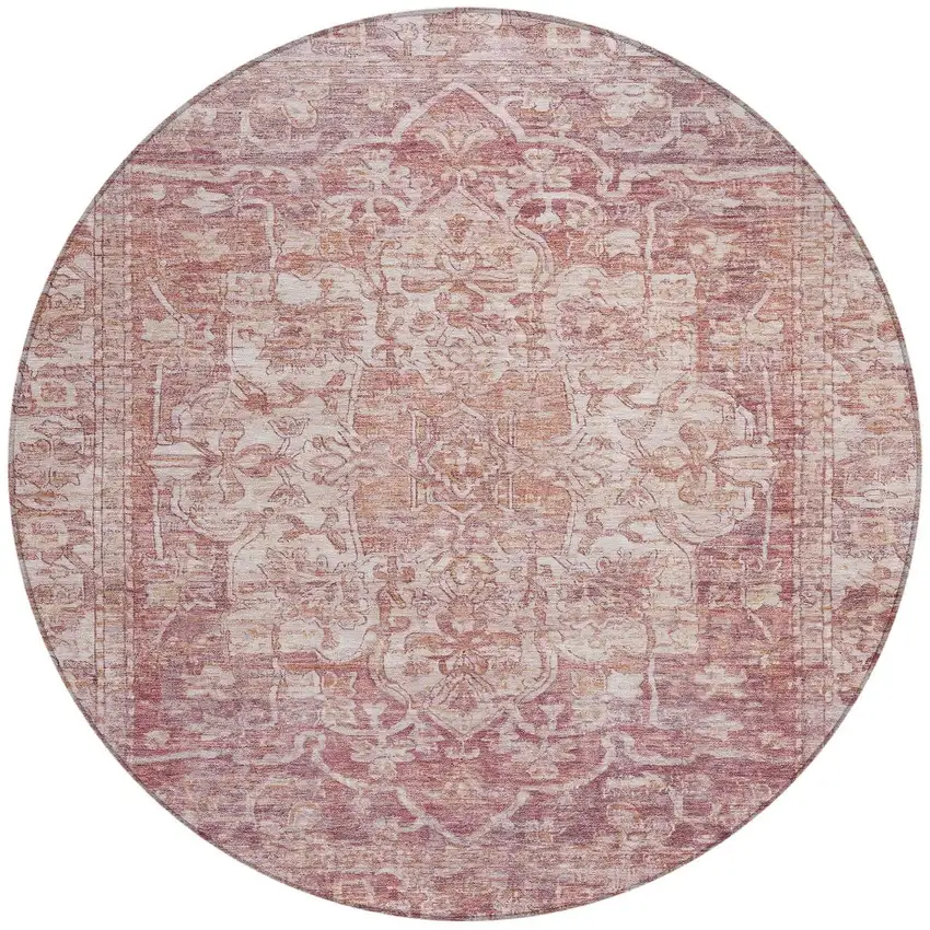 8' Rust And Ivory Round Floral Medallion Washable Indoor Outdoor Area Rug Photo 3