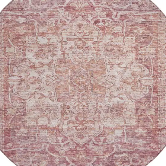 8' Rust And Ivory Round Floral Medallion Washable Indoor Outdoor Area Rug Photo 8