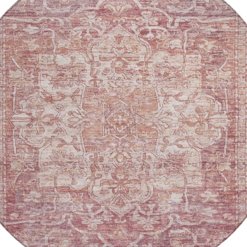 8' Rust And Ivory Round Floral Medallion Washable Indoor Outdoor Area Rug Photo 8