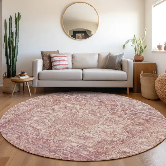 8' Rust And Ivory Round Floral Medallion Washable Indoor Outdoor Area Rug Photo 6