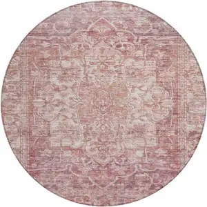 Photo of 8' Rust And Ivory Round Floral Medallion Washable Indoor Outdoor Area Rug